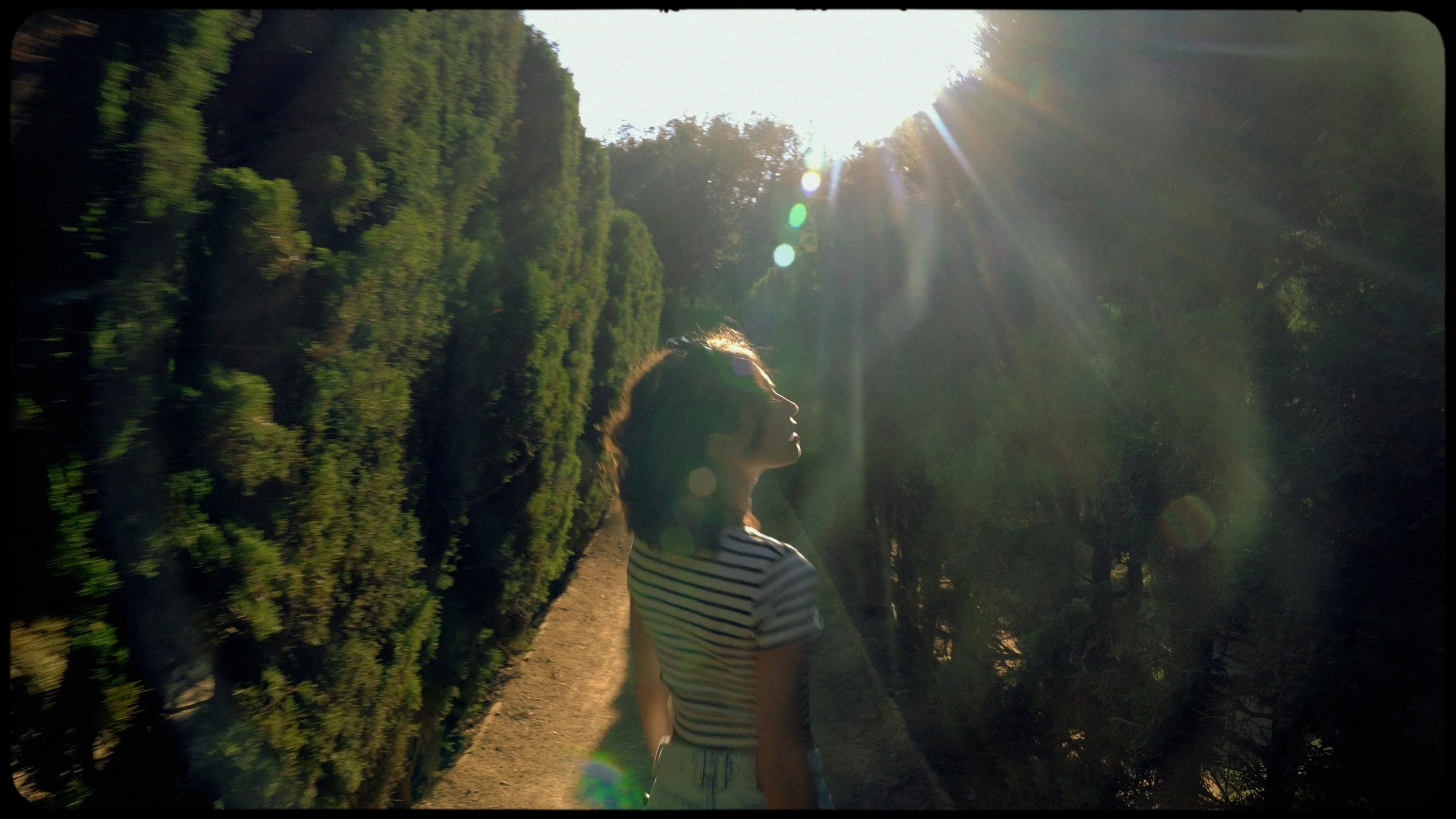 A woman in a striped shirt standing on a forest trail with sun rays shining through trees overhead.