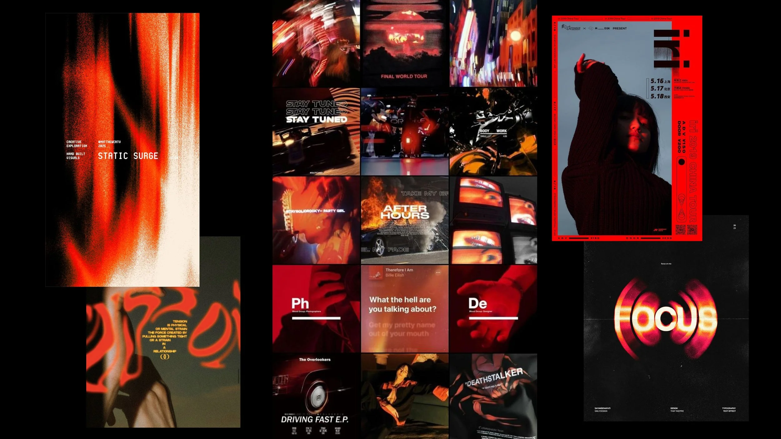 A collage of various digital art and promotional images featuring red, black, and orange tones, including abstract designs, photographs of people, and text elements, with some images displaying tour dates and event information.