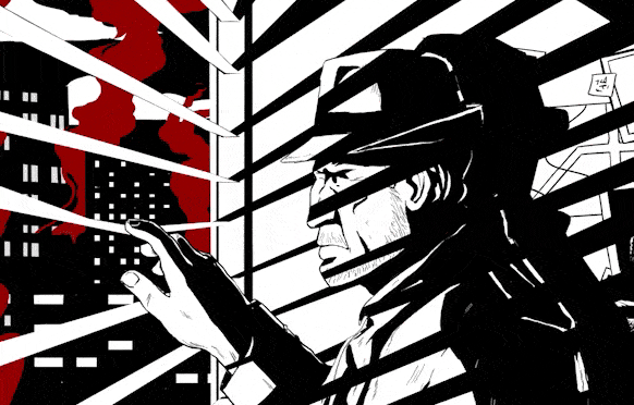 A person in a hat with a stern expression looking out from a window with blinds, city skyline and red smoke in the background.