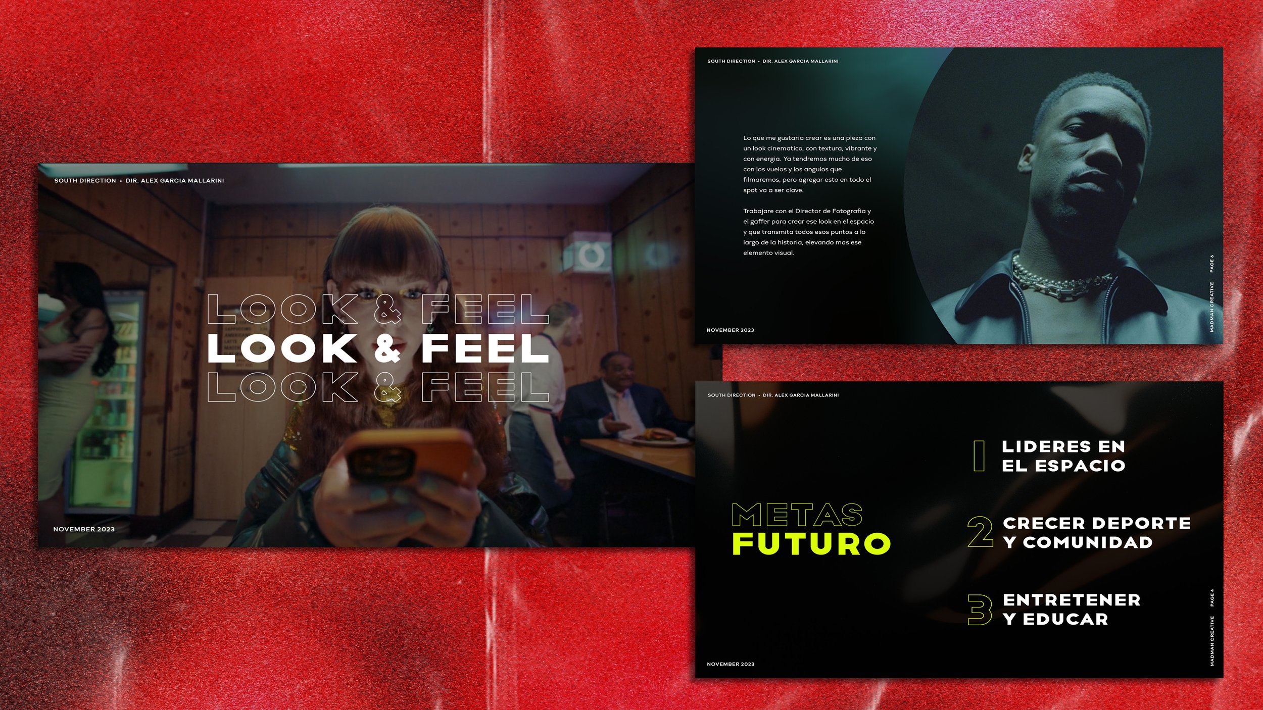 Three presentation slides on a red surface. The first slide features a woman with red hair using a phone at a table with other people, with the text "LOOK & FEEL" and "LOOK & FEEL." The second slide has a portrait of a man with short hair, wearing jewelry, with Spanish text about creating a cinematic look in photography. The third slide lists goals in Spanish: "LIDERES EN EL ESPACIO," "CRECER DEPORTES Y COMUNIDAD," and "ENTRETENER Y EDUCAR," with the title "METAS FUTURO."