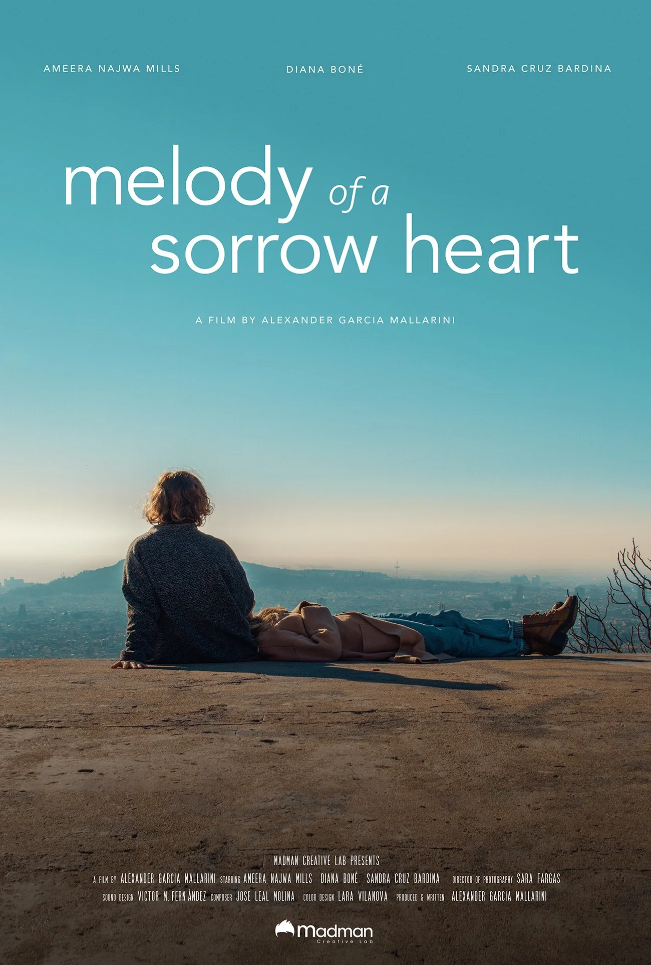 Movie poster for 'Melody of a Sorrow Heart' showing a person lying on a ledge with a cityscape in the distance under a clear sky.