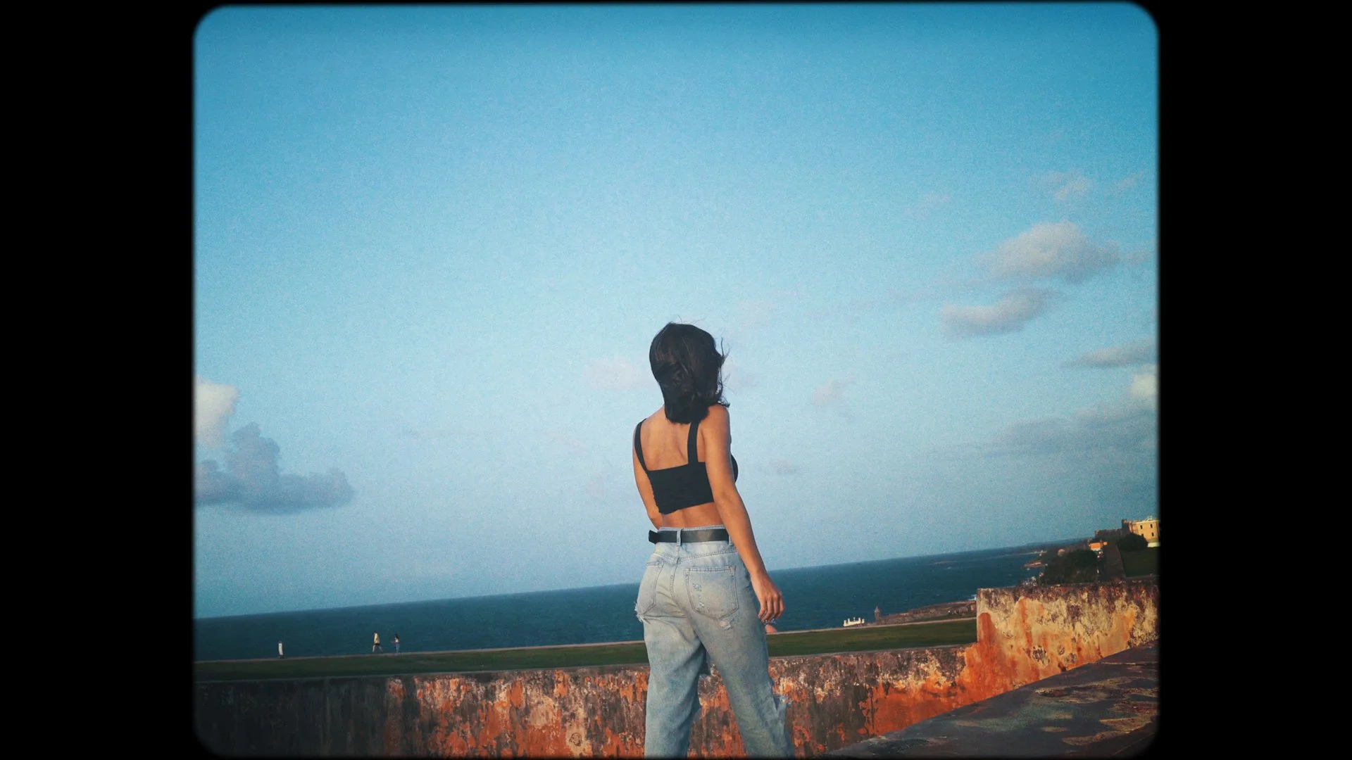 A person with dark hair standing on a cliff overlooking the ocean during sunset. They are wearing a black crop top and baggy jeans.