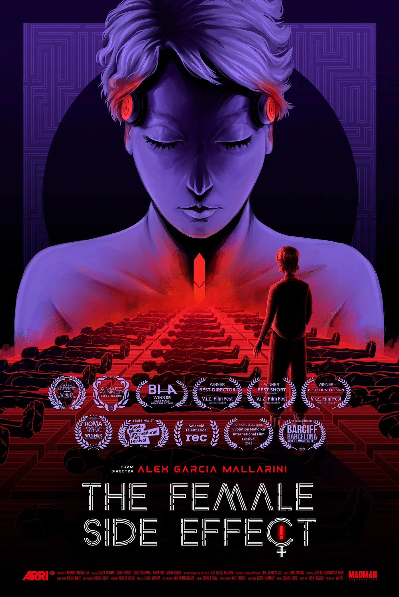 Digital illustration for the movie 'The Female Side Effect' featuring a large, purple-tinted face of a woman with closed eyes, wearing headphones, and a downward-pointing red dagger-shaped object at her throat. In front of the face, a person stands facing away, overlooking a pattern of black human figures lying down. The background has intricate maze-like purple patterns, and there are multiple film festival award laurels and film credits at the bottom.