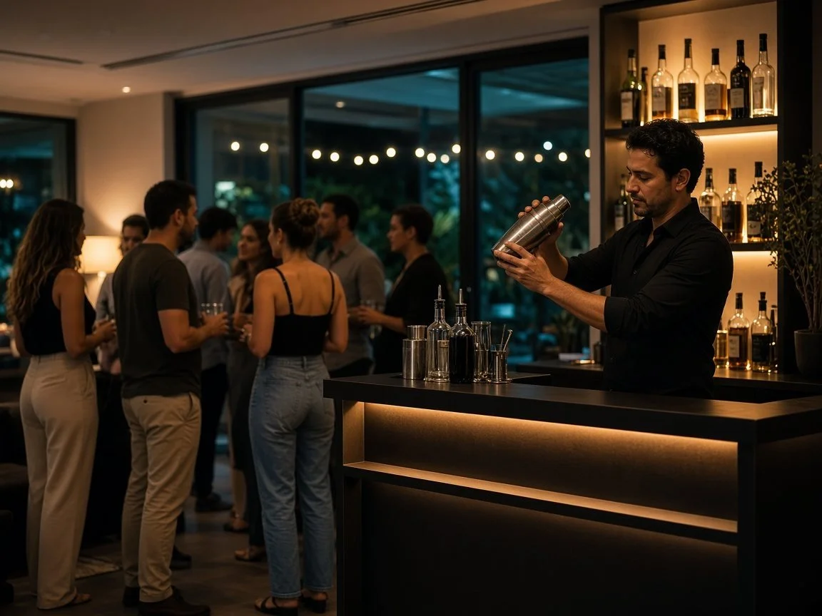 Bartender shaking a cocktail for guests at a private evening party