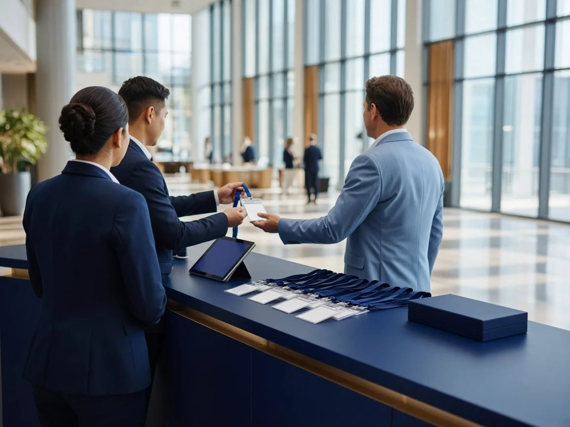 Registration staff greeting an arriving delegate at a conference check-in desk