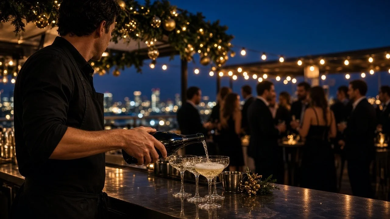 Bartender pouring sparkling wine for guests at a rooftop end-of-year party at dusk
