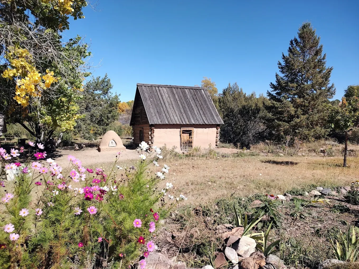 A rustic wooden house with a steep roof and small door, surrounded by trees and colorful flowers, under a clear blue sky.