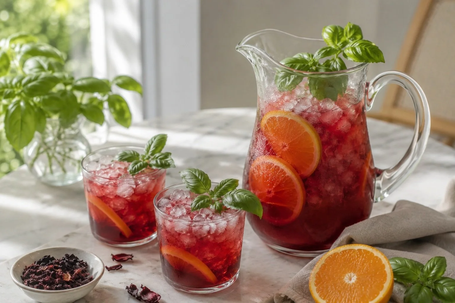 Chá Gelado de Hibisco, Laranja e Manjericão