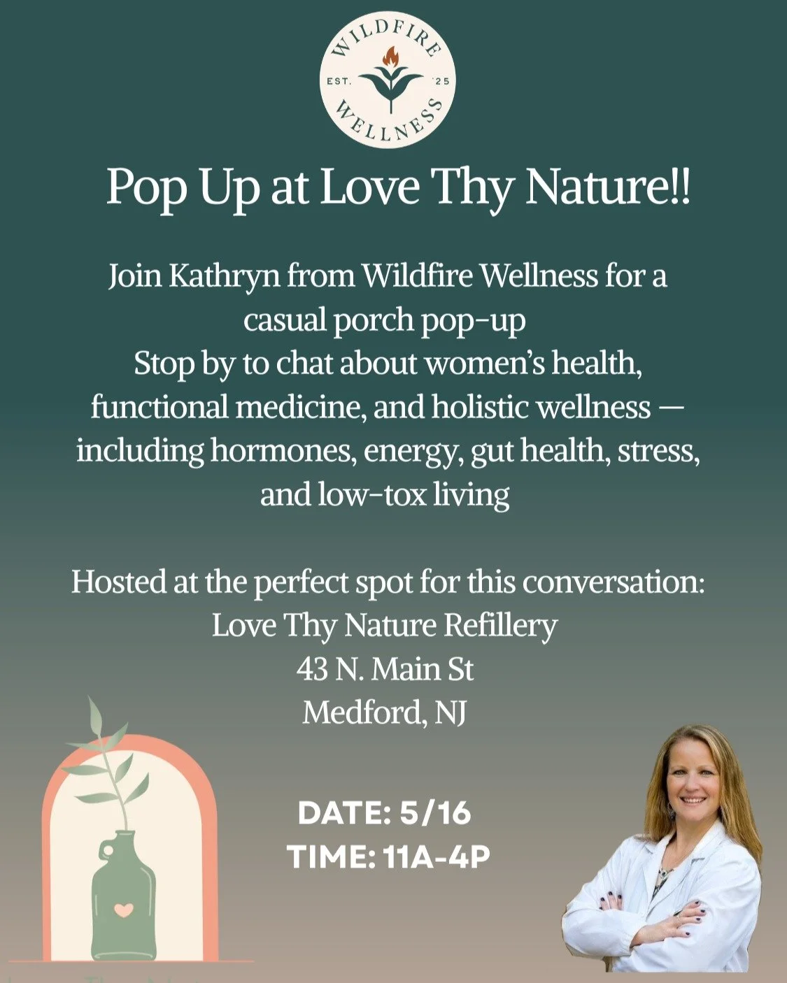 Beautiful weather, good conversation, and holistic wellness!

Come hang out with Kathryn from Wildfire Wellness at Love Thy Nature Refillery for casual chats about women&rsquo;s health, functional medicine, hormones, gut health, stress support, and l