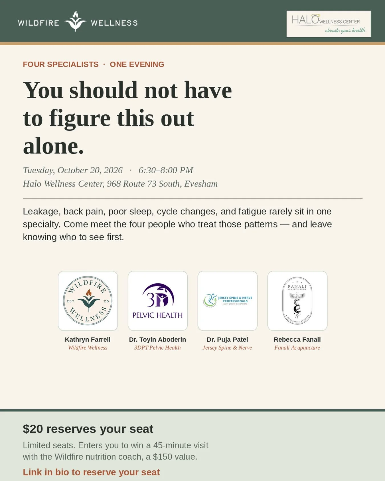 Stop booking four appointments to find out who you should have seen first.

I am so excited to throw this out for the first time! One evening. One room. A powerhouse group of women&rsquo;s health experts. You should not have to figure this out alone.