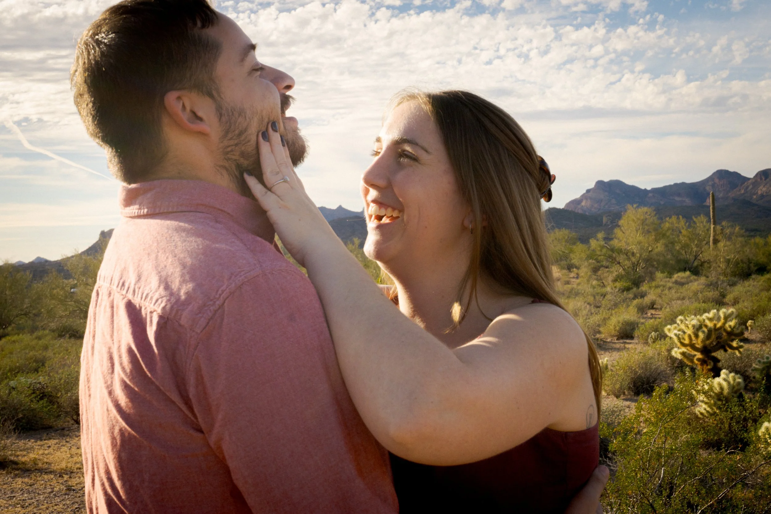 Artistic desert engagement session on film in Arizona at Lost Dutchman State Park