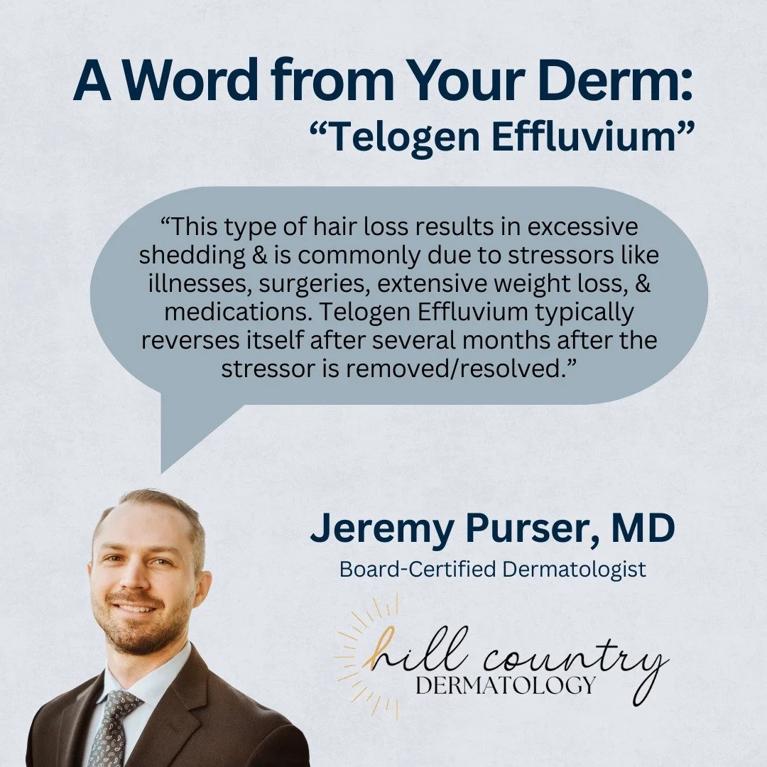 It's time for another &quot;A Word from Your Derm&quot;! 

Dr. Purser breaks down Telogen Effluvium - one of the most common causes of sudden hair shedding &amp; thinning. If you're experiencing increased hair shedding, his message is a reminder that