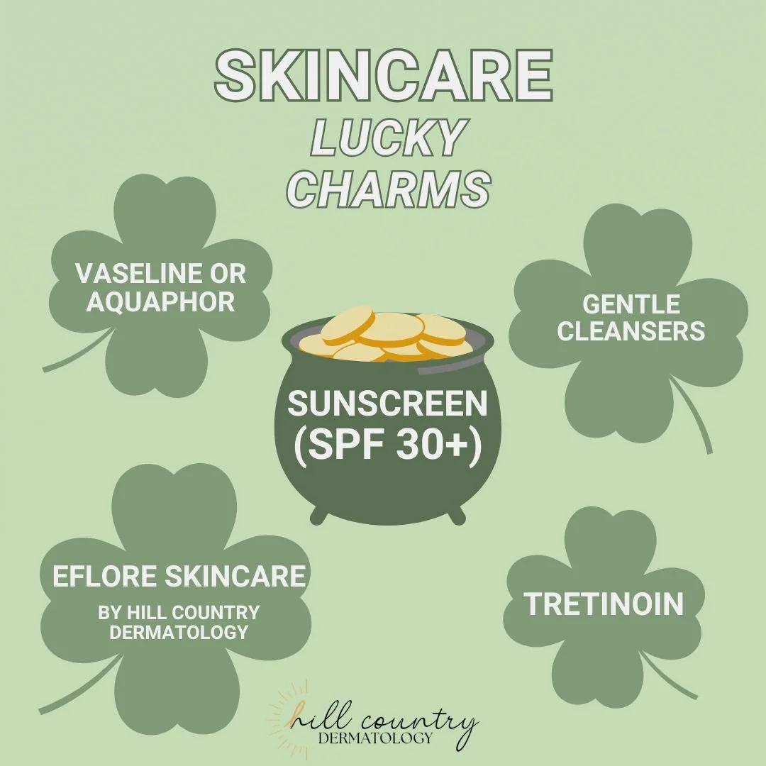Happy St. Patricks Day! ☘️✨The skincare basics work. A gentle cleanser, sunscreen, a thick moisturizer, and tretinoin = your skin's pot of gold! 🌈🪙💚

#newbraunfelstx #hcderm #DermatologistsNearMe #skincareluckycharms