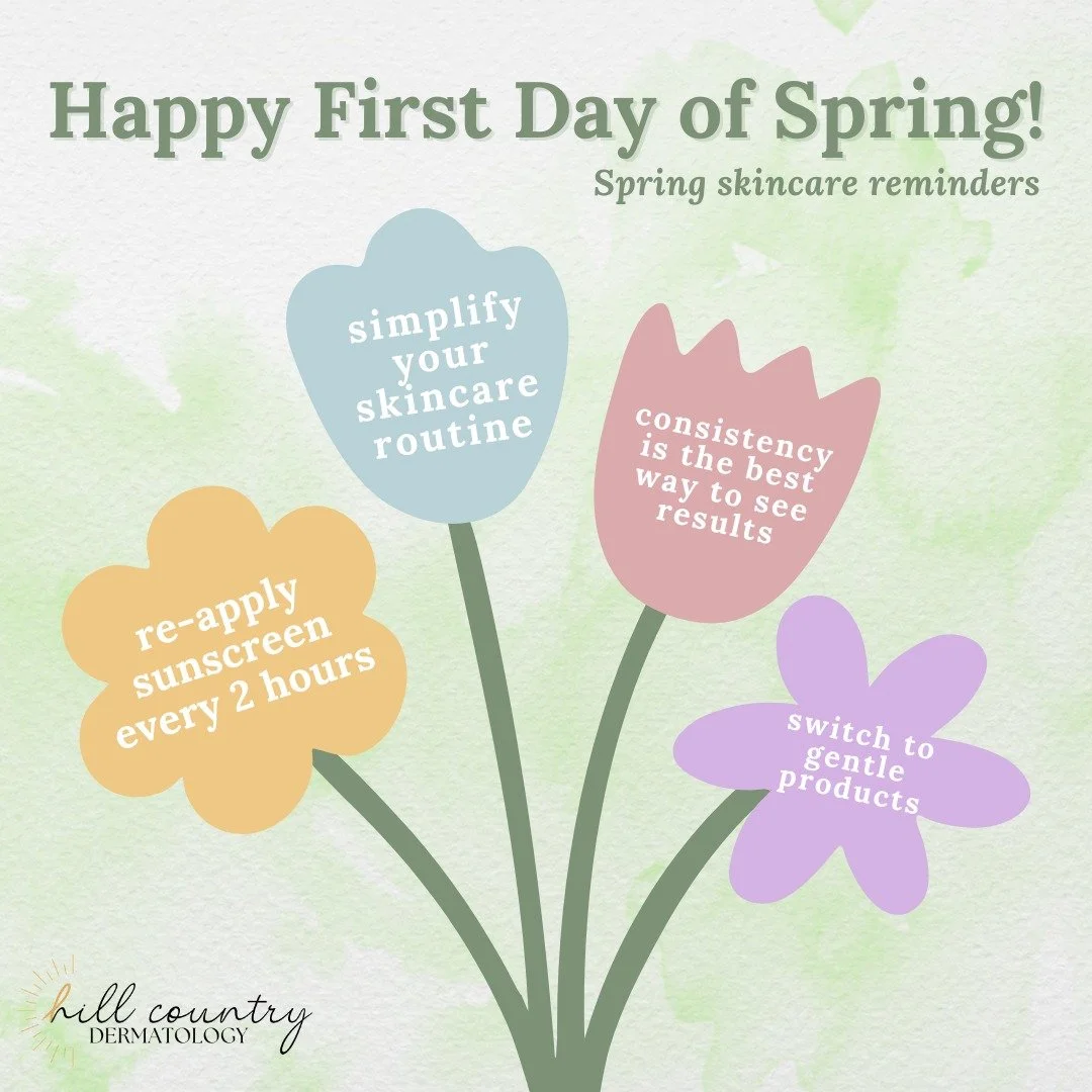 Happy First Day of Spring! 🌸🌼💐

You might be spring cleaning your home - why not spring clean your skincare routine too? Here are a few reminders to keep your skin healthy this spring.

🌷 Re-apply sunscreen every 2 hours. Warmer weather = more ti