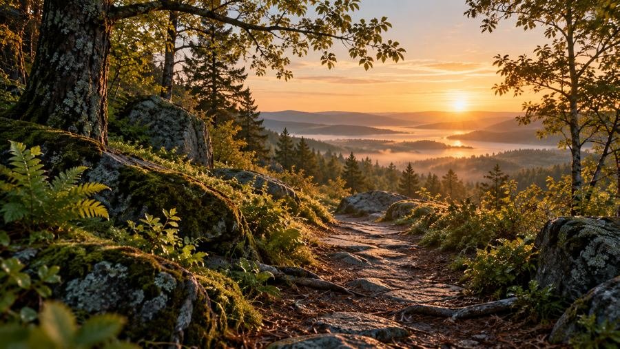 Sunlit stone path winding through a green forest toward a golden sunrise.