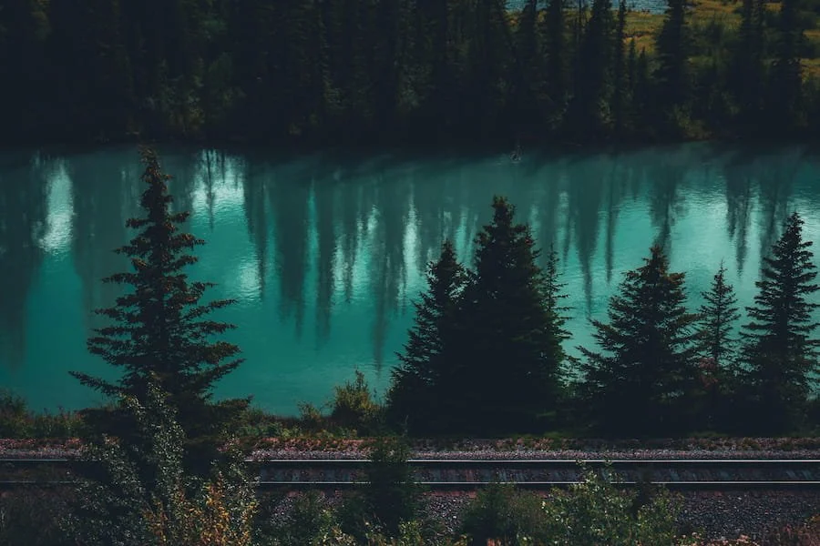 A tranquil turquoise lake surrounded by dense evergreen forest, with tall conifer trees reflected in the water. In the foreground, railway tracks run along the edge of the scene, partially framed by vegetation.