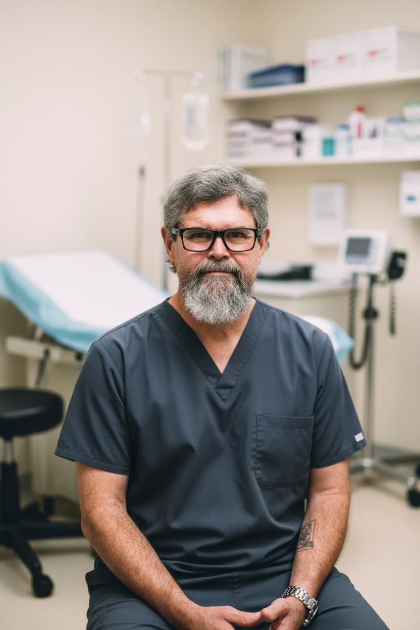 A male healthcare professional with gray hair, a beard, and glasses sitting in a medical examination room, wearing navy blue scrubs.