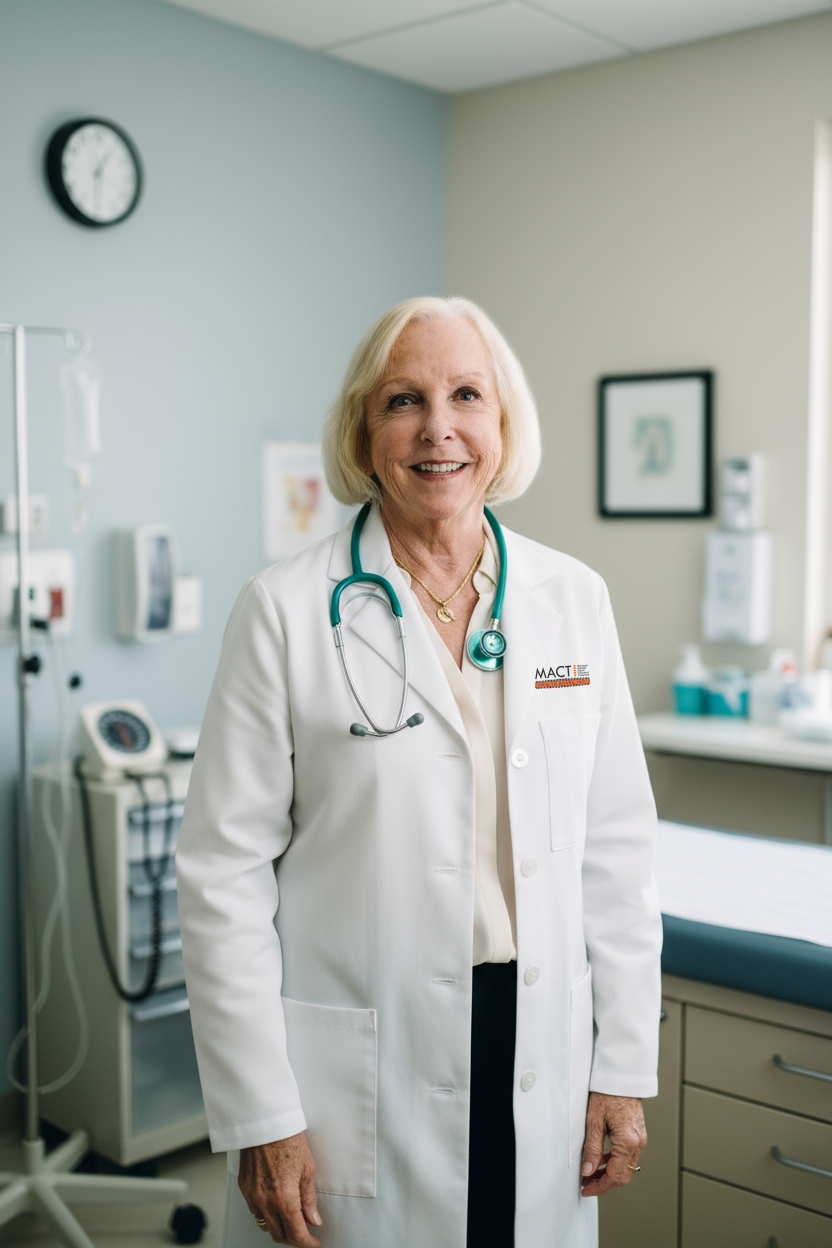 A smiling woman medical provider standing in a medical clinic exam room