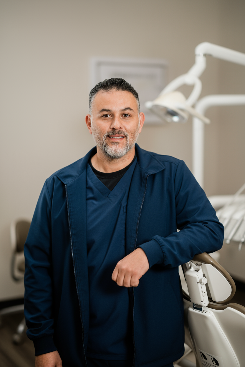 A male dentist in navy blue scrubs standing in a dental office, smiling and leaning on a dental chair.