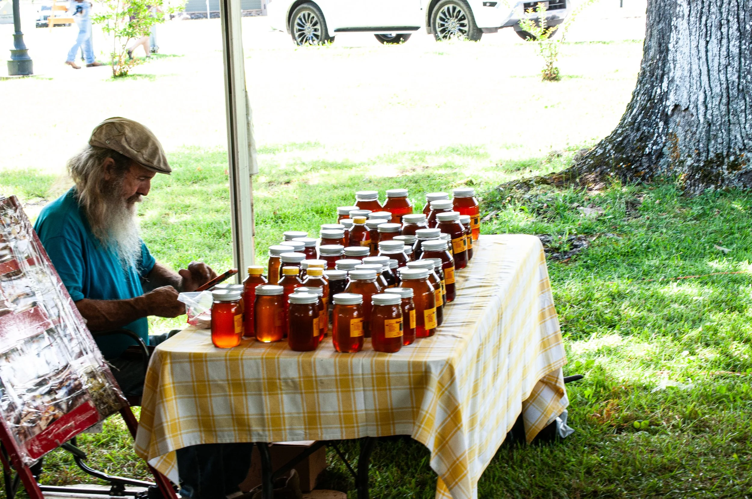 A man with a long beard wearing a blue shirt and a brown cap sitting at a table outdoors. The table is covered with a yellow plaid tablecloth and is filled with jars of honey. There are trees, grass, and parked cars in the background.