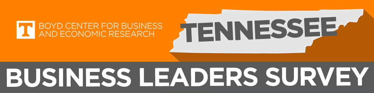 Banner for the Boyd Center for Business and Economic Research featuring a torn piece of paper with the word TENNESSEE, and text reading 'BUSINESS LEADERS SURVEY'.