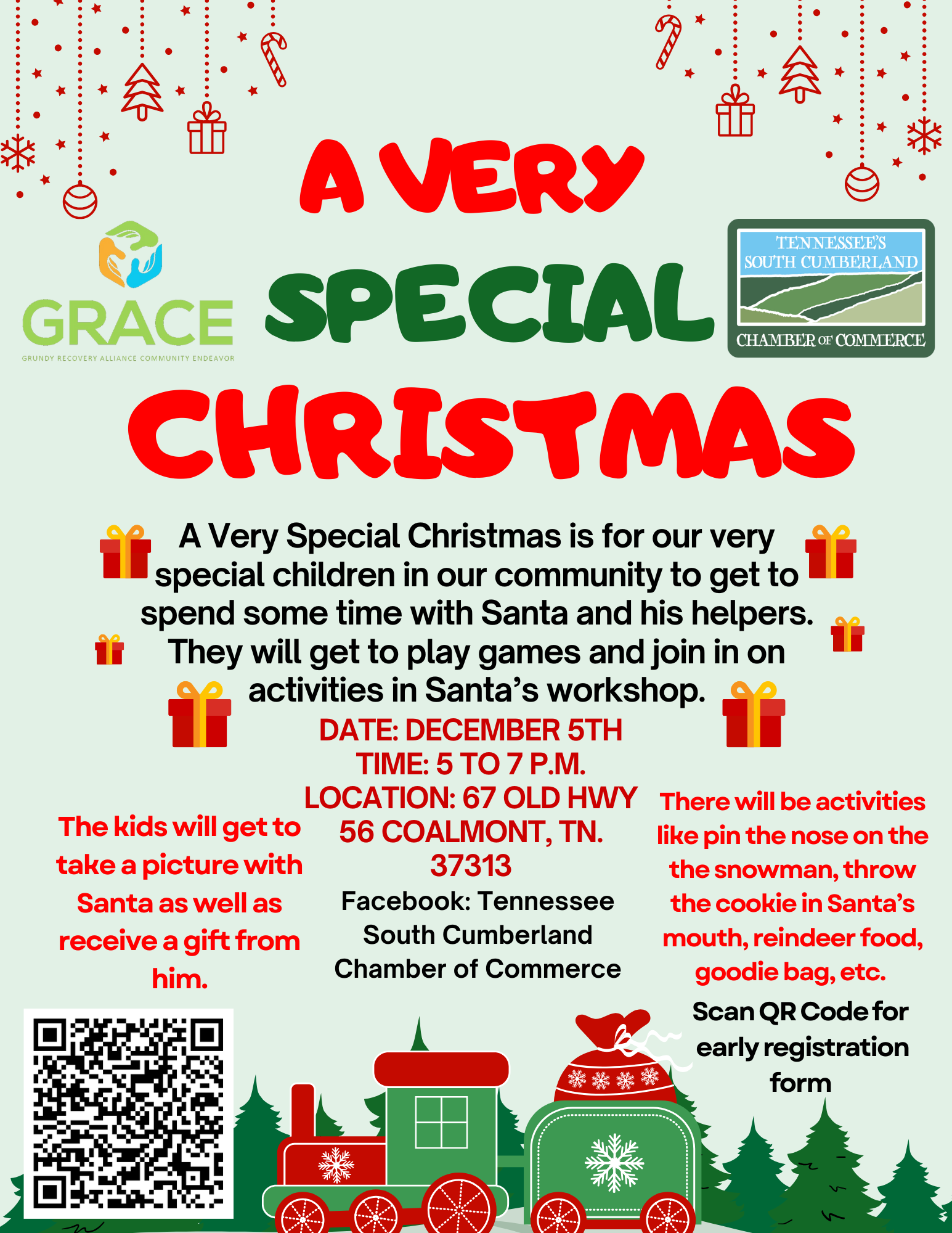 Christmas-themed flyer promoting a holiday event for children, featuring decorated gifts, Christmas trees, and a train illustration at the bottom, with event details including date, time, location, and activities.