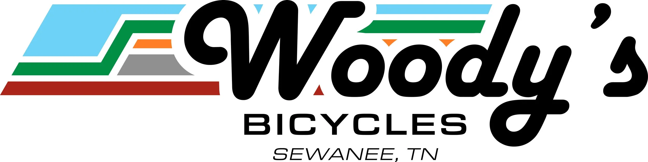 Logo for Woody's Bicycles in Sewanee, Tennessee, featuring stylized text with colorful geometric elements.