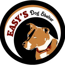 Logo of Easy's Dog Shelter featuring a cartoon dog with a brown coat, black nose, and red collar, surrounded by a circular border with the text 'EASY'S Dog Shelter.'