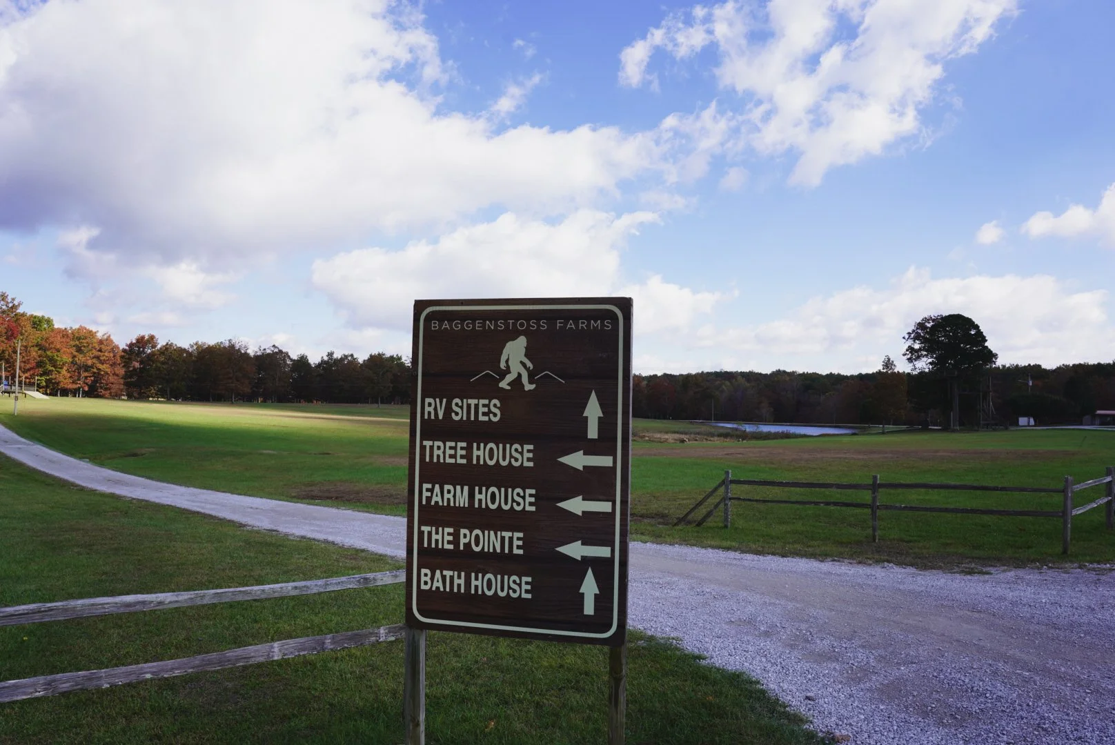 A directional sign at Bagenstoss Farms indicating the directions to RV sites, tree house, farm house, the pointe, and bath house, with a grassy field and trees in the background under a partly cloudy sky.