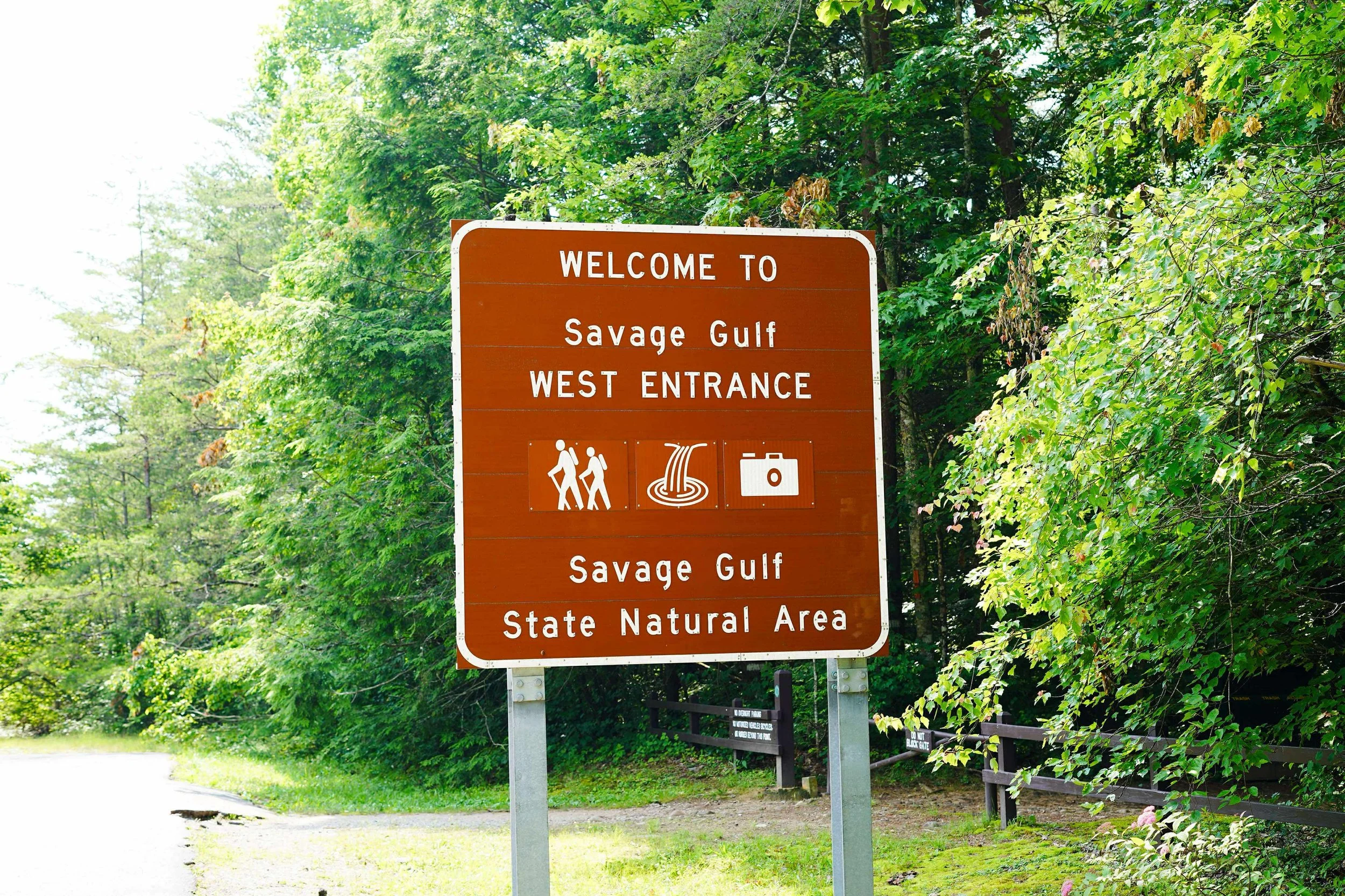 Brown informational sign with white text and icons at the Savage Gulf State Natural Area, indicating the West Entrance, with icons of hikers, a waterfall, and a camera, surrounded by lush green trees.