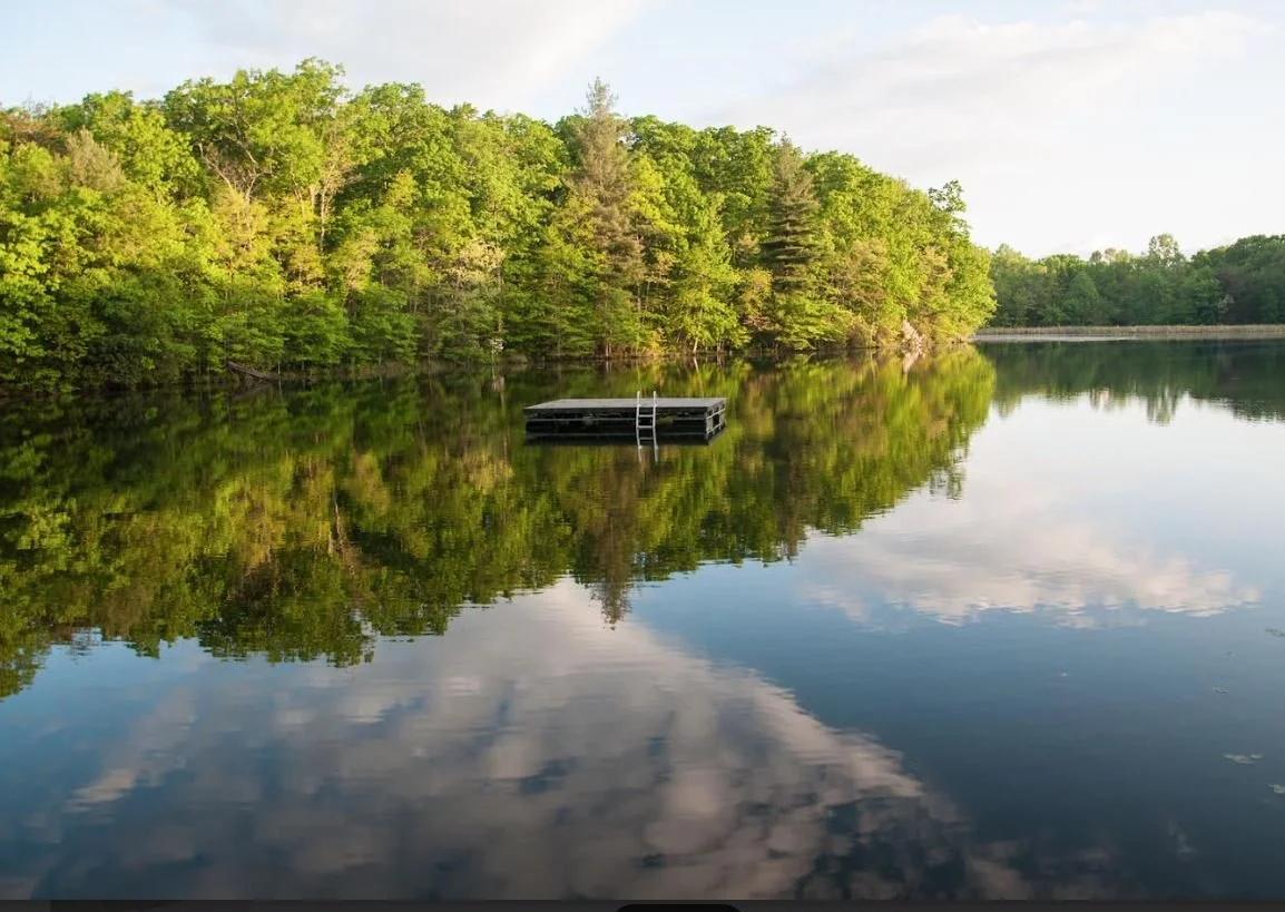 A dock floating on a calm river, surrounded by green trees with reflections in the water.