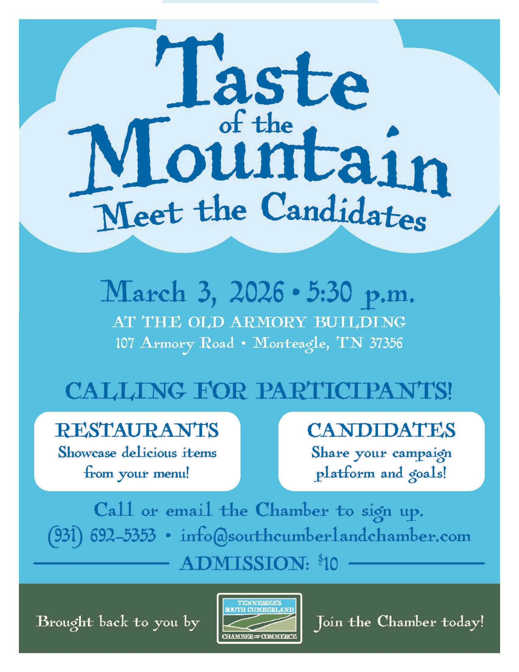 Event flyer titled 'Taste of the Mountain Meet the Candidates,' scheduled for March 3, 2026 at 5:30 p.m. at the Old Armory Building in Monteagle, Tennessee. The flyer invites restaurant owners to showcase dishes and political candidates to share campaign goals. Contact info includes a phone number and email, with a $10 admission fee.