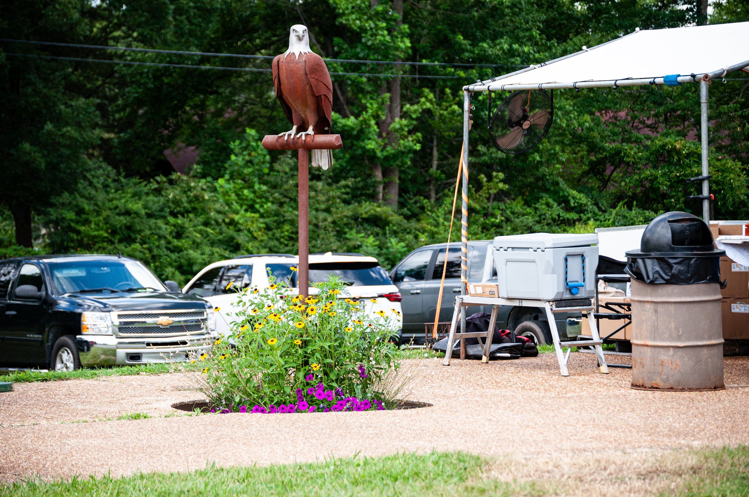 A parking lot with several parked cars, a flower bed with yellow and purple flowers, a sculpture of an eagle on a post, and a makeshift outdoor setup with tables, boxes, and a fan under a canopy, surrounded by green trees.