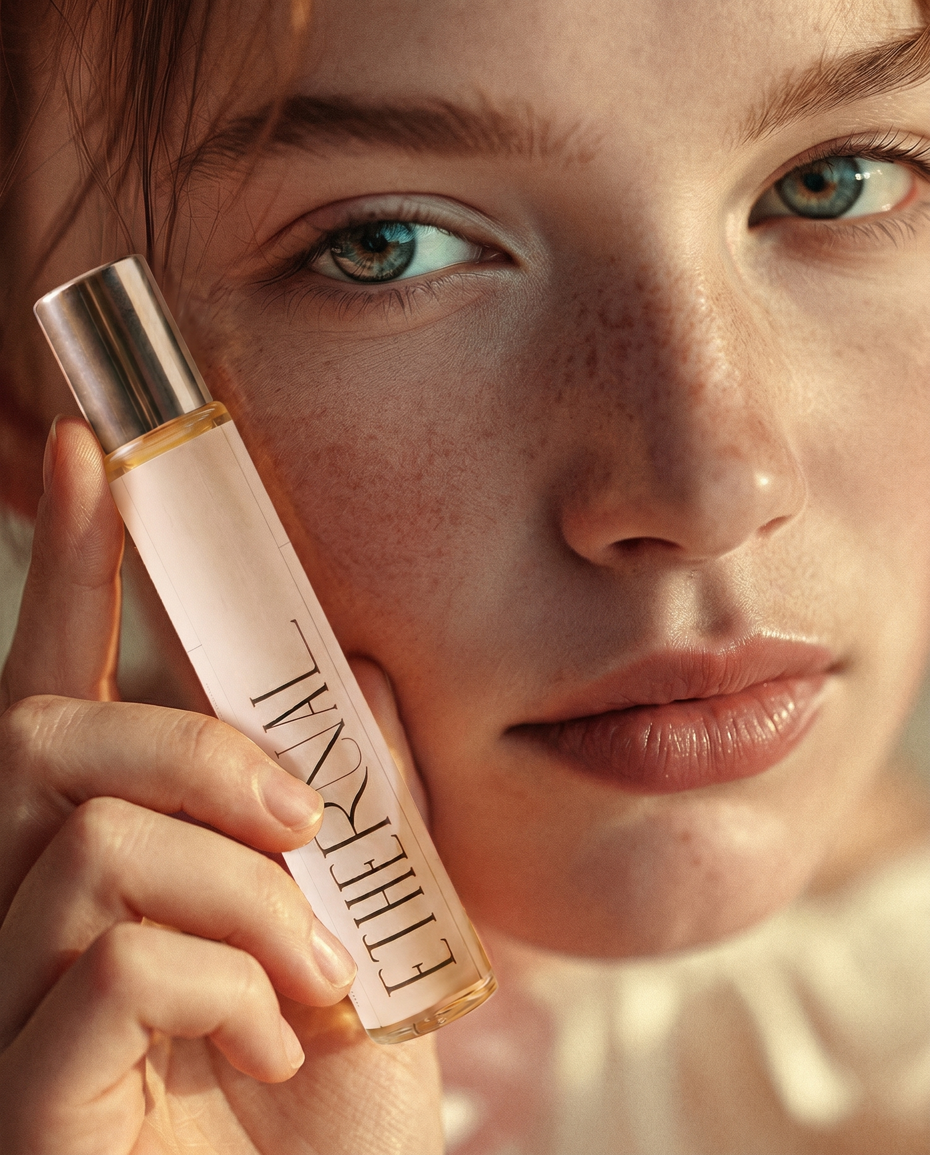 Woman holding ETHERNAL Damask Rose infusion oil close to her face, natural skin glow