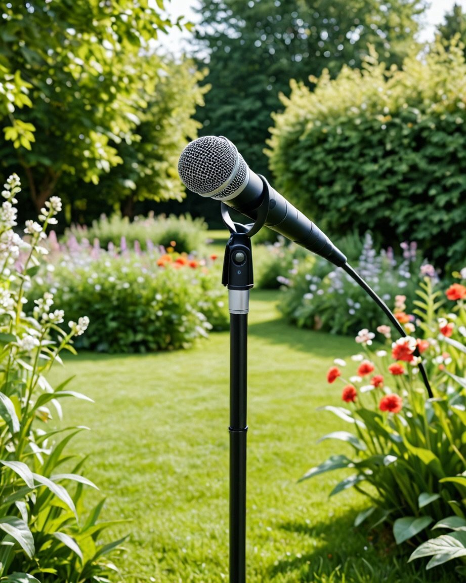 Ein Mikrofon auf einem Stativ in einem Garten mit bunten Blumen und grünen Büschen, im Freien bei Tageslicht.