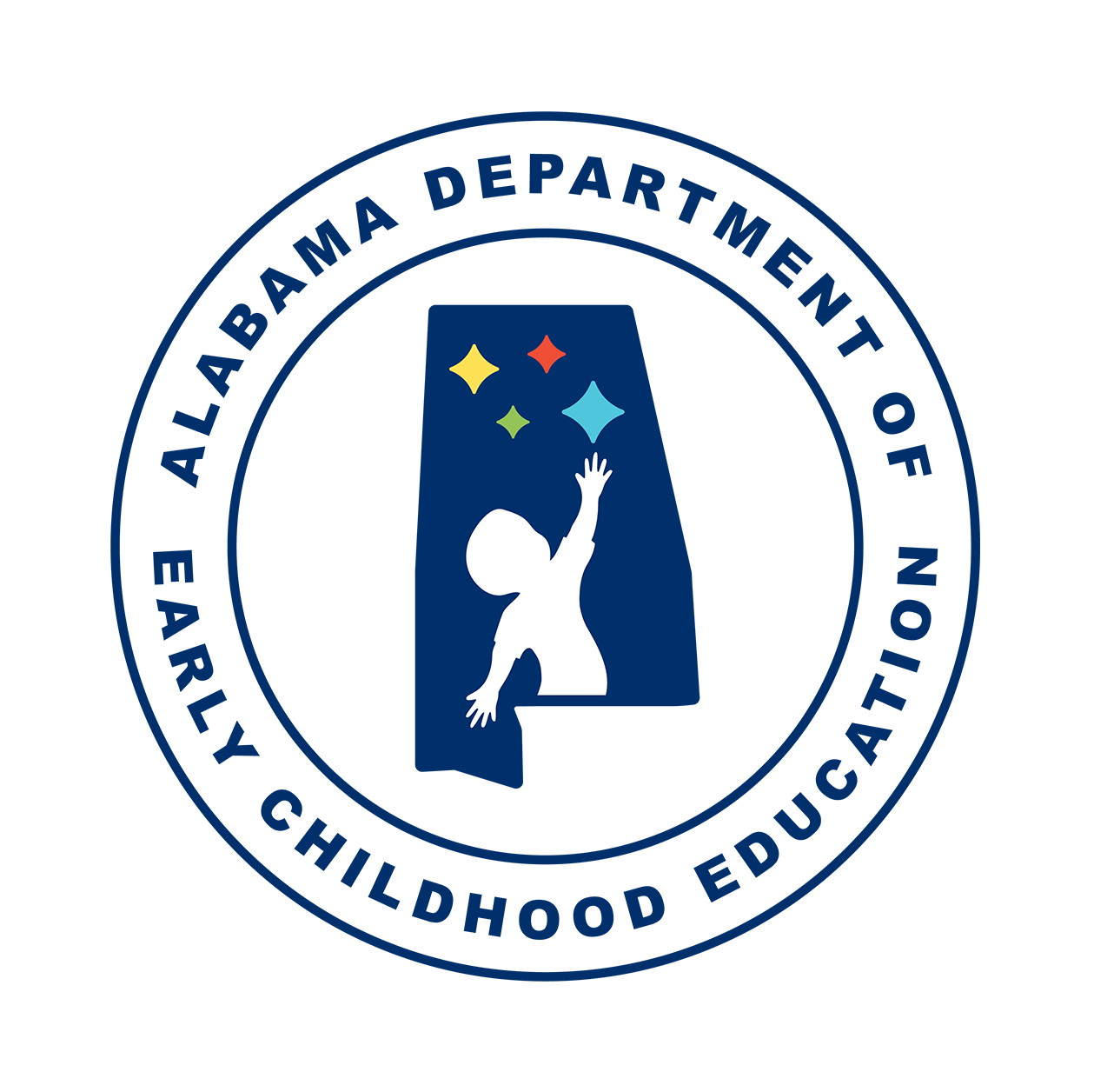 Seal of the Alabama Department of Early Childhood Education with a child reaching towards colorful stars.