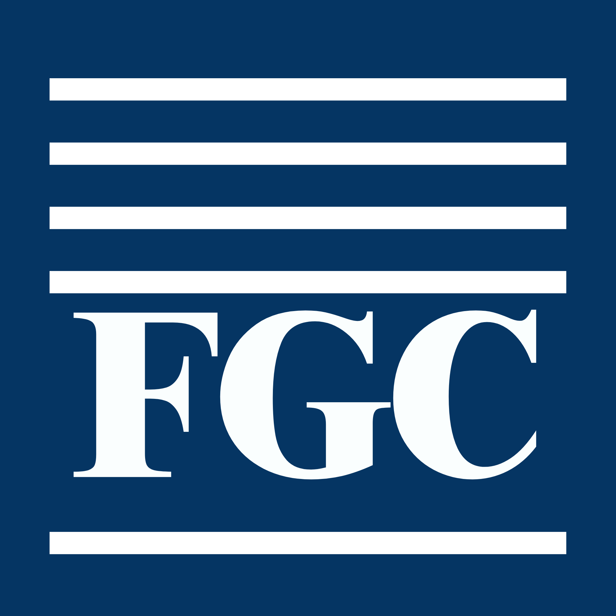 Logo with blue background, white horizontal lines, and large white letters 'FGC' in the center.