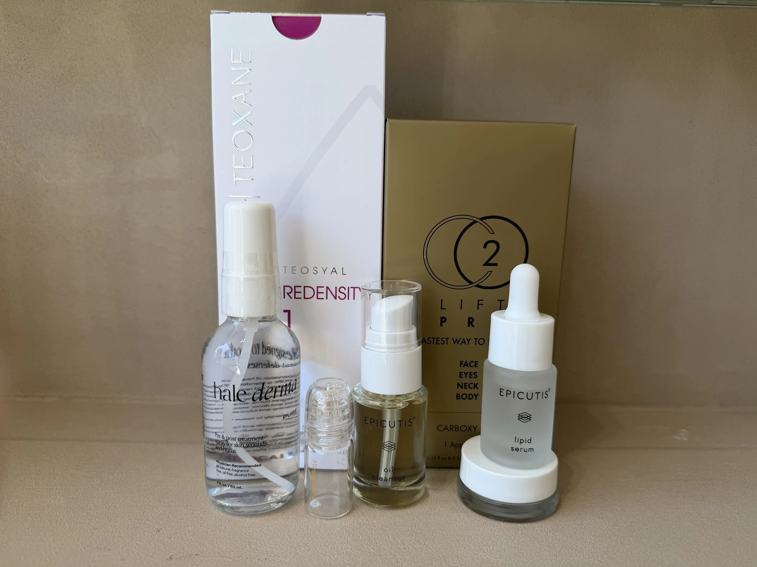 Redensity 1 Baby Glow  skin booster with after care to boost results and hydration hale derma hypochlorus epicutis lipid serum hyvia cream and oil cleanser and CO2 lift mask