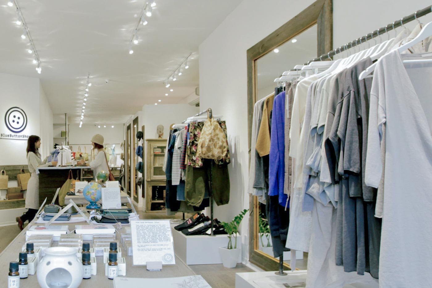 Minimalist interior display of Japanese clothing and fashion labels at Blue Button Shop on Dundas Street West in Toronto