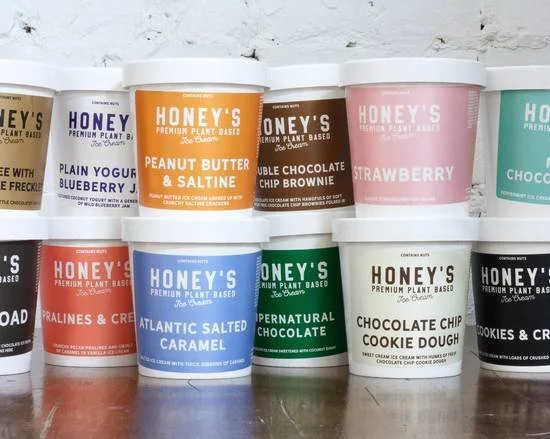 Pints of dairy-free and plant-based ice cream varieties from Honey's Ice Cream on Dundas Street West in Toronto
