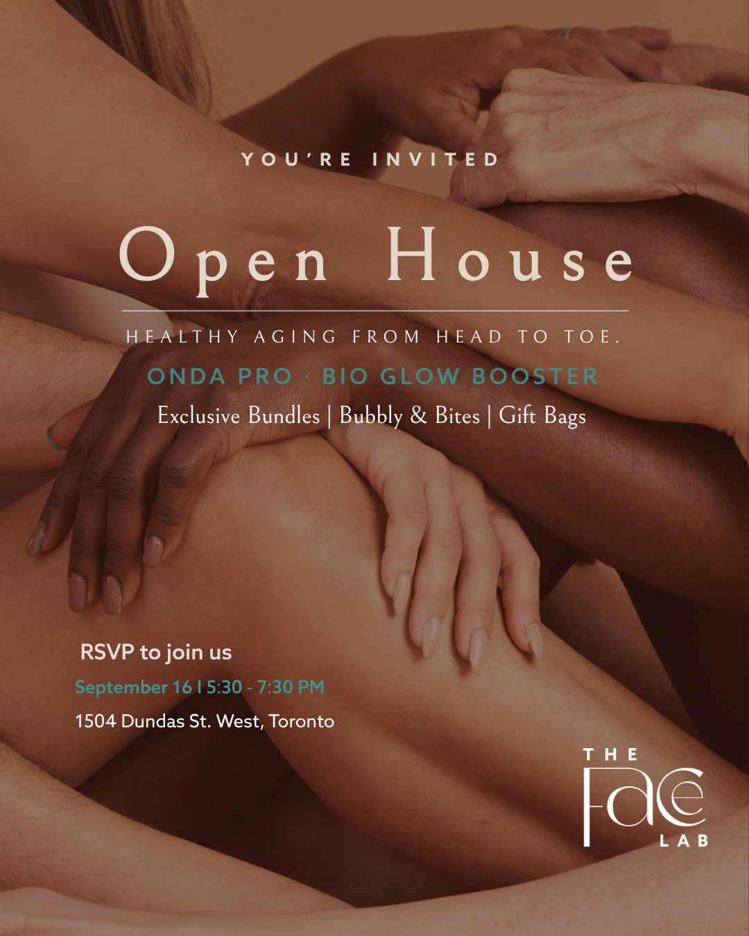 Invitation graphic for The Face Lab body rejuvenation open house event in Toronto featuring ONDA Pro and bioGLOW booster