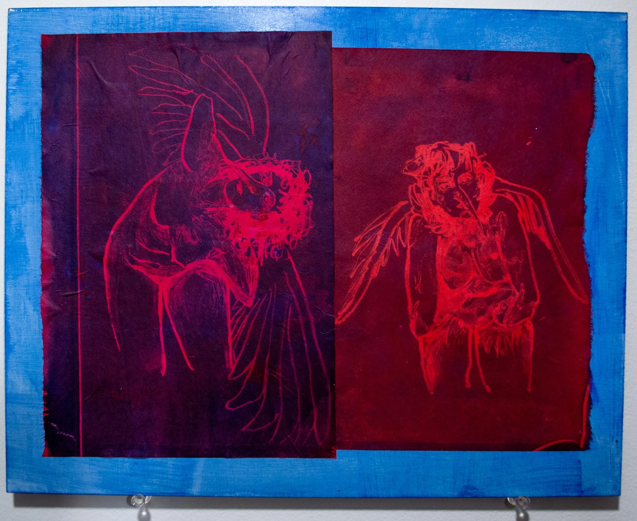 Fancies of Flight, 2024
12"X16"
Cyanotype on red paper and acrylic on panel