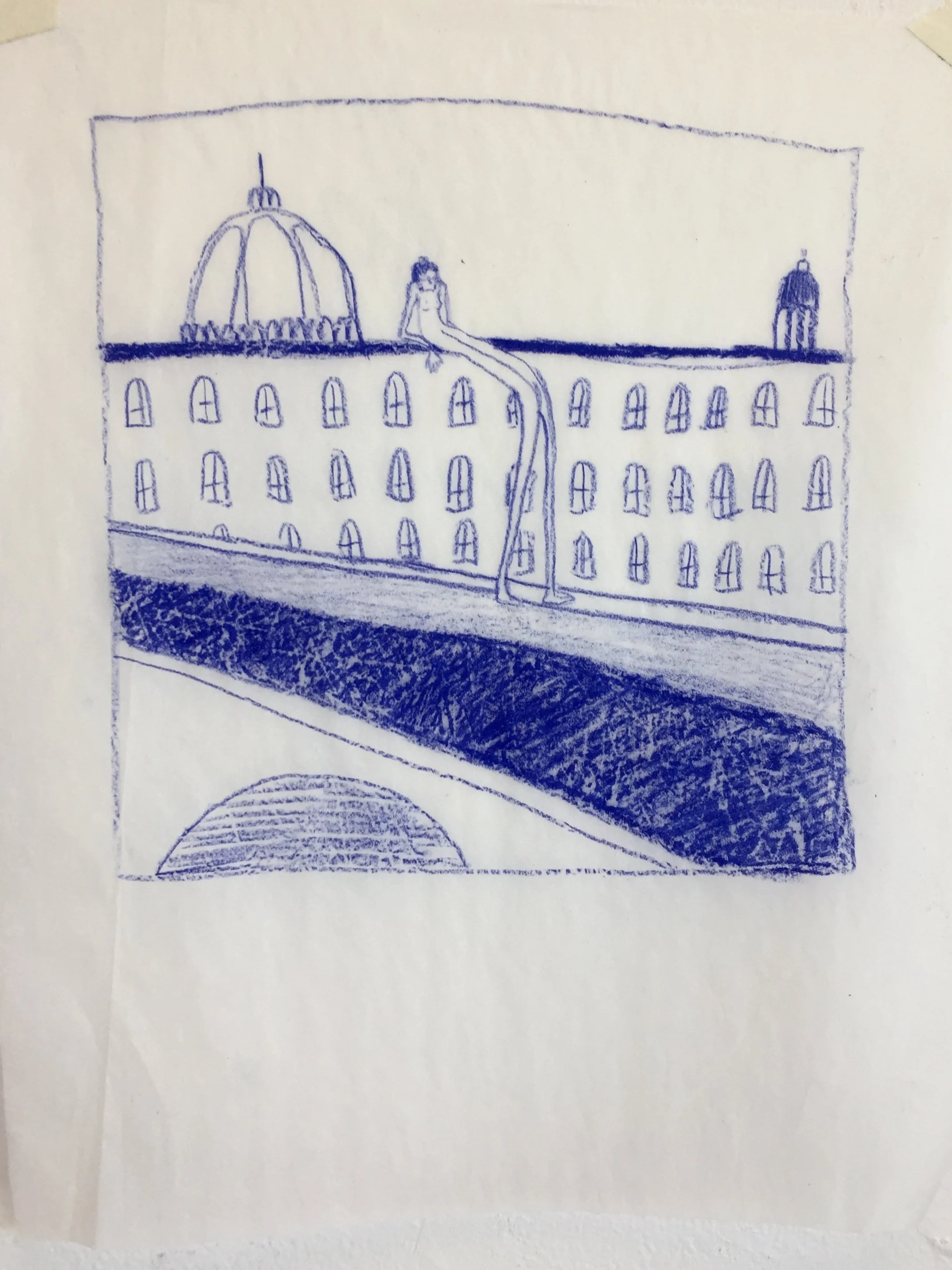 Original drawing for styrene plate, colored pencil on tracing paper