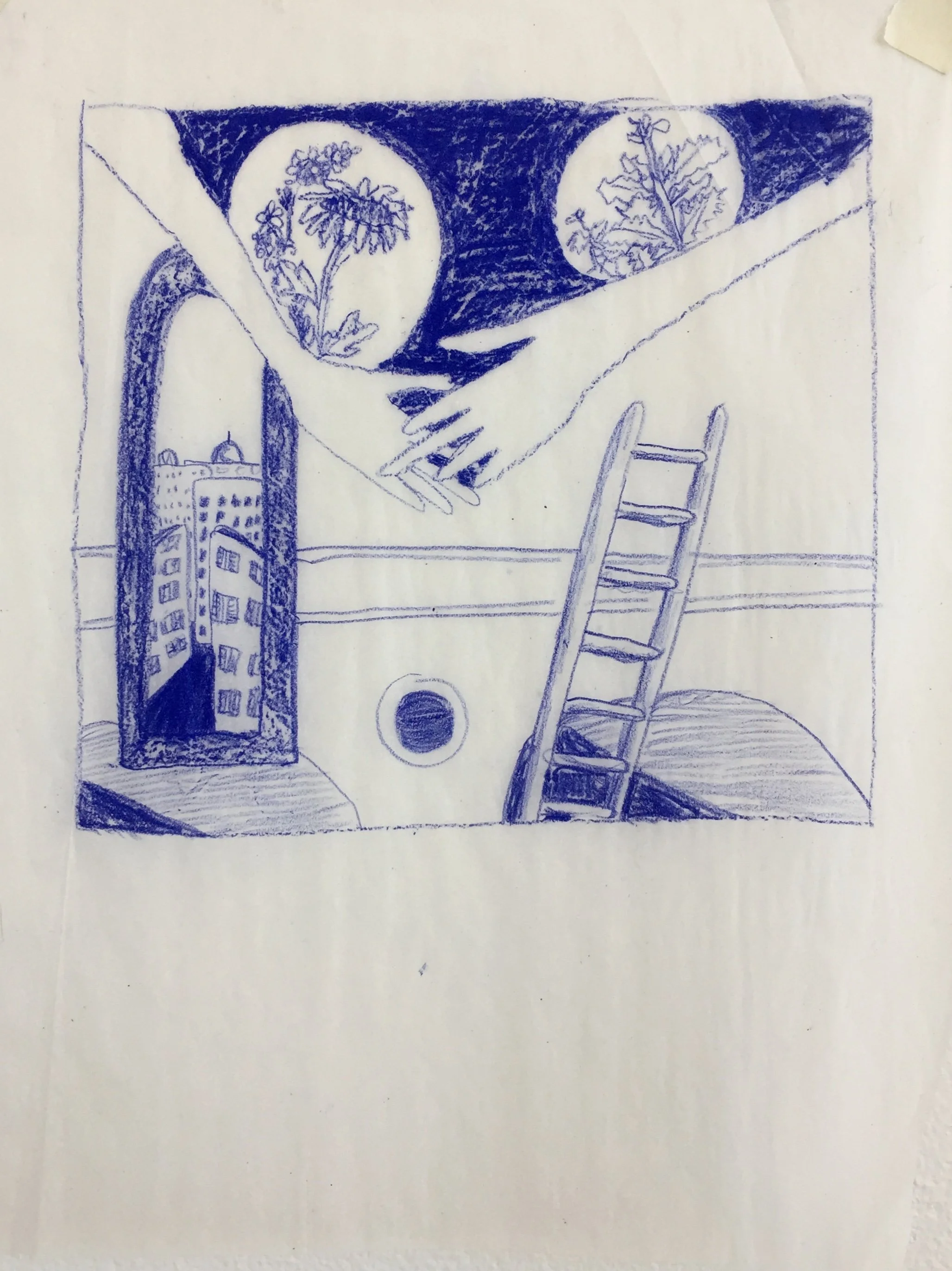 Original drawing for styrene plate, colored pencil on tracing paper
