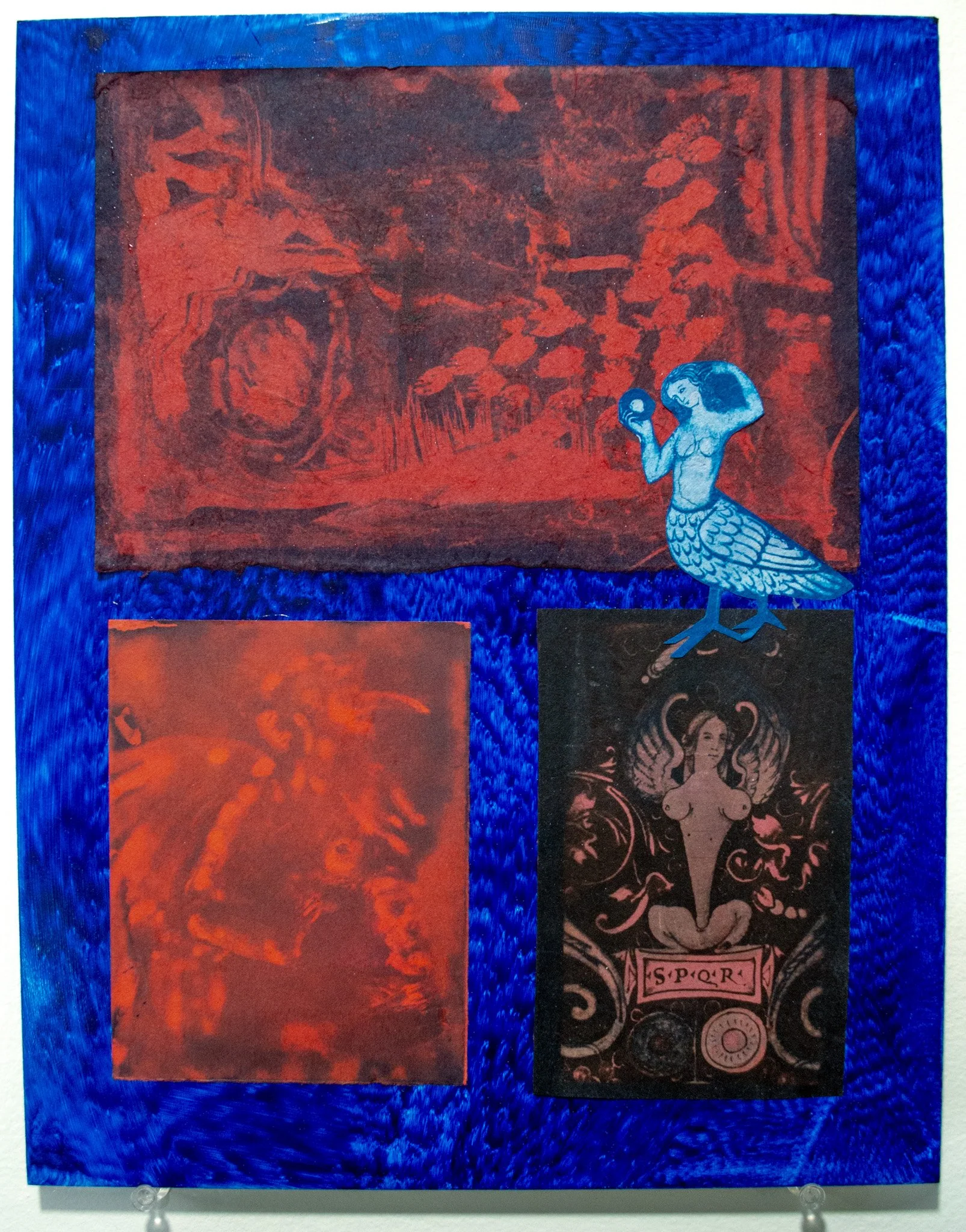 Sirens 2, 2024
16"X20"
Cyanotype on red paper collage and acrylic on panel
