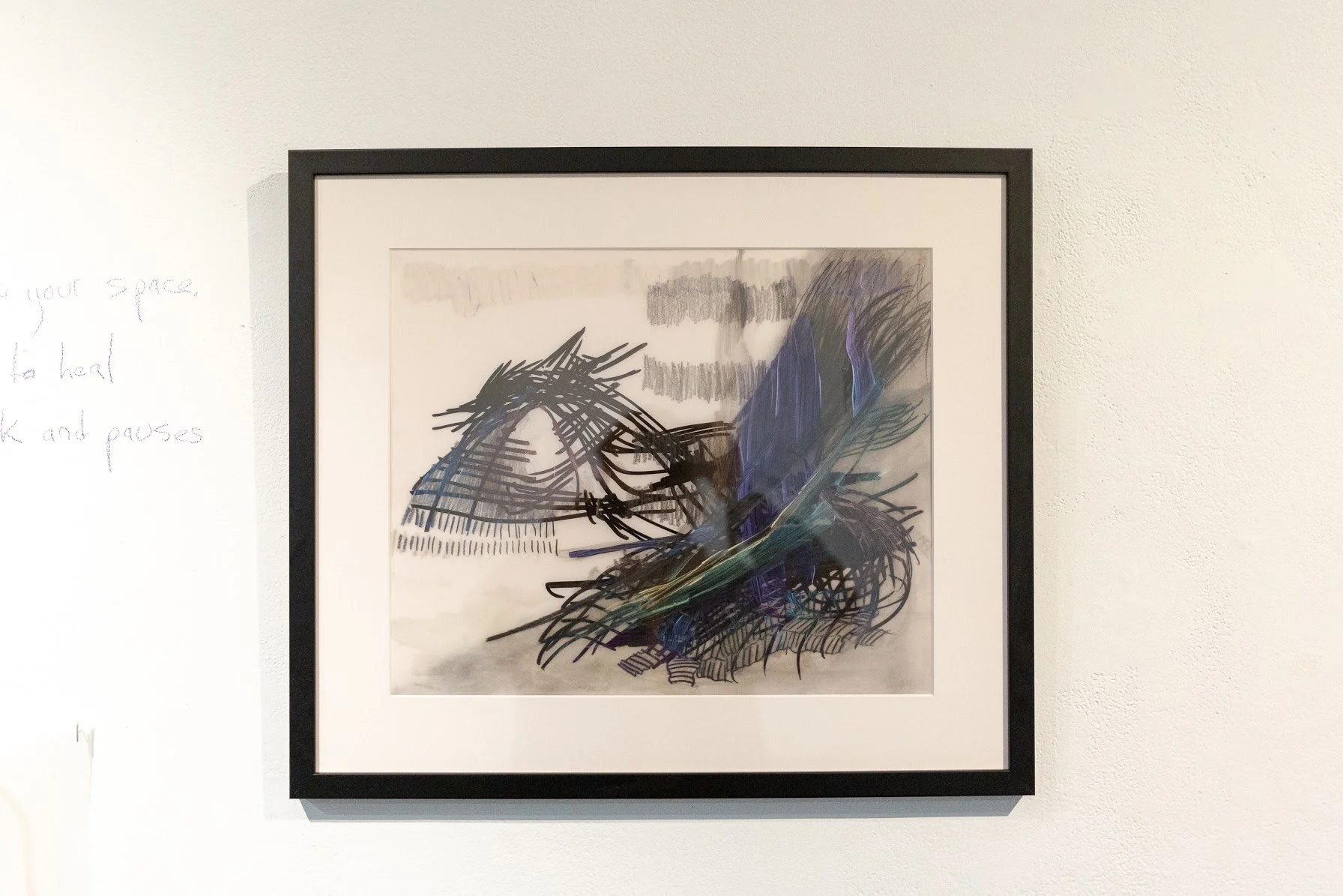 Graphite, India ink, and interference pigments in neo megylp on frosted mylar