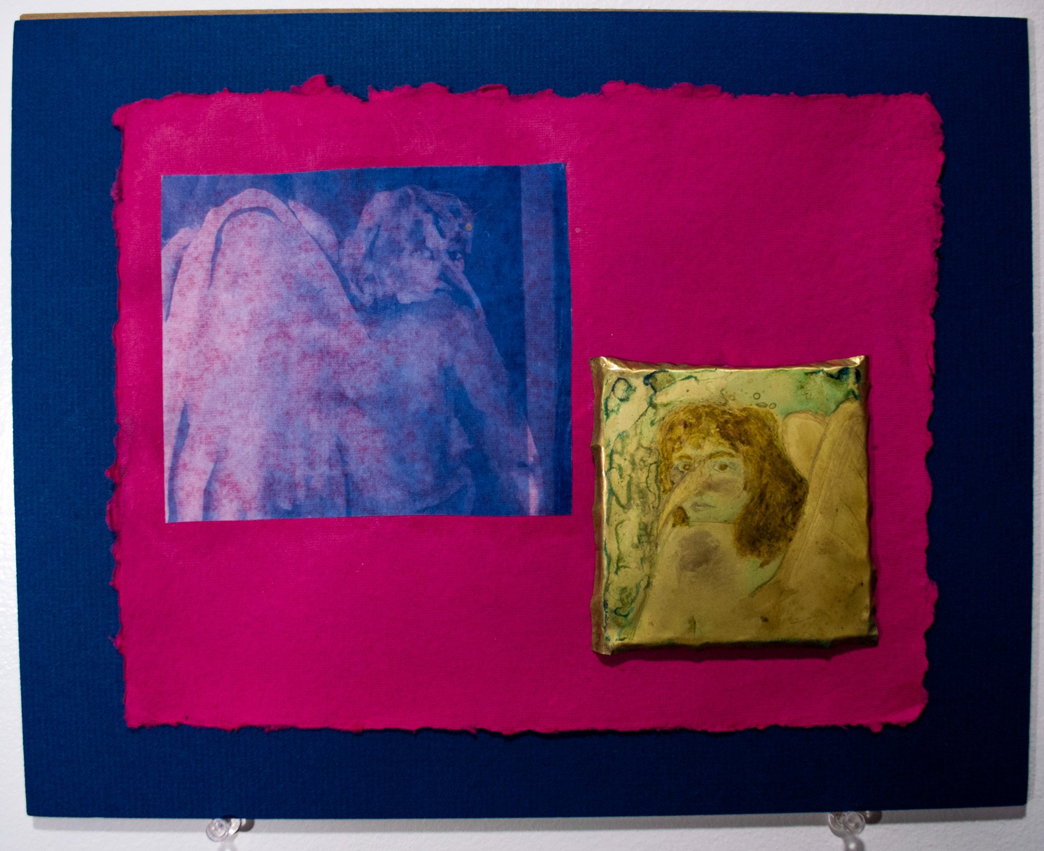 A Transformation Myth, 2024
11"X14"
Cyanotype and tarnished and engraved brass on paper, mounted on matboard
