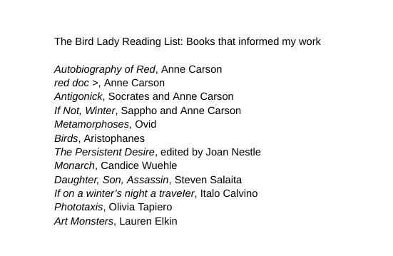 The Bird Lady Reading List, 2024
Digital File
Suggested Reading