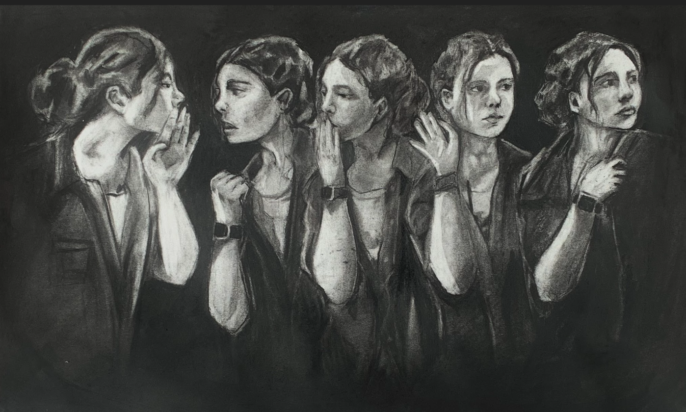 Charcoal drawing of five women whispering in a sequence, each wearing a smartwatch and dark clothing.