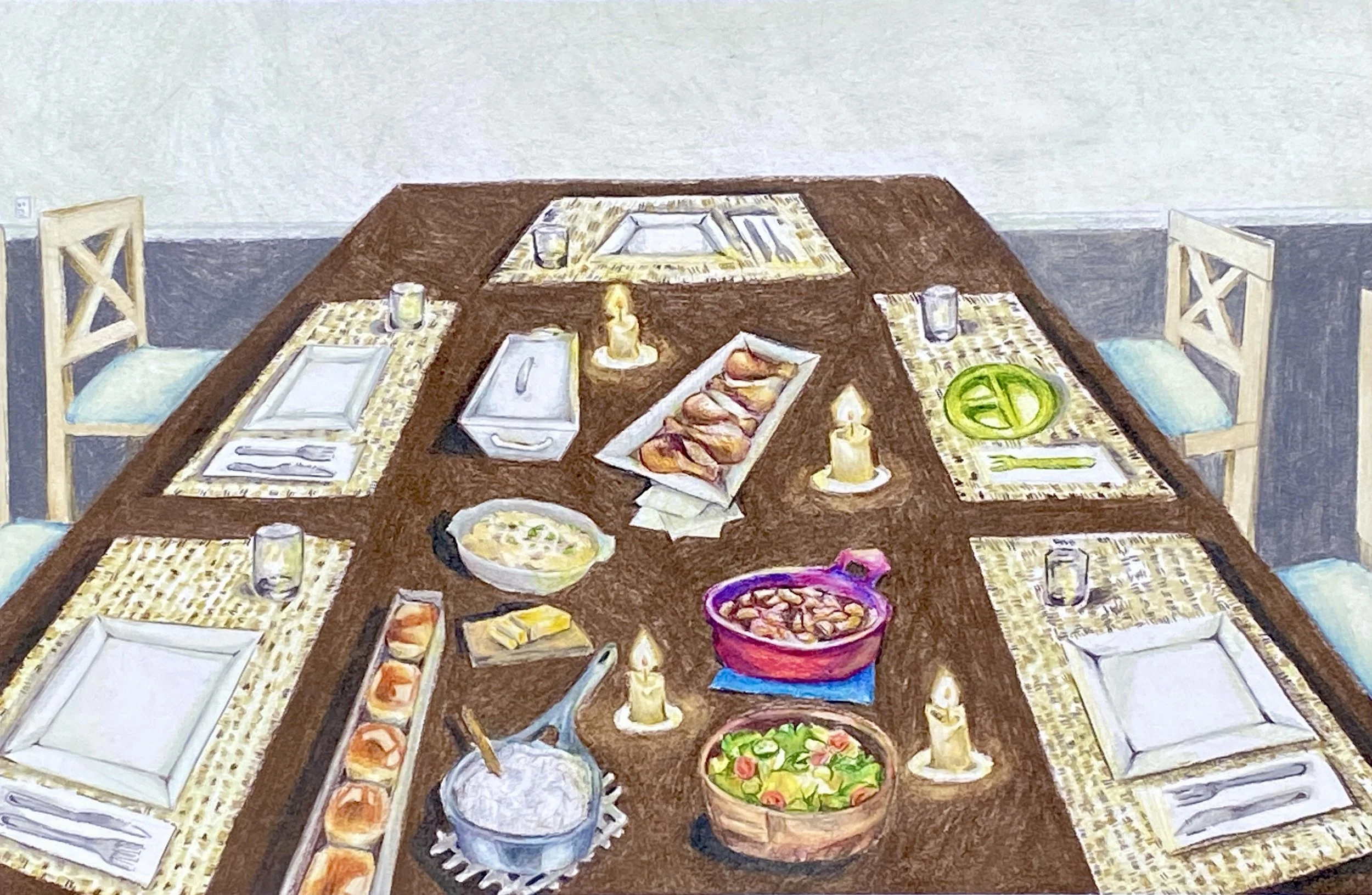 A dining table set for a meal with plates, cutlery, and glasses at each place setting. The table is adorned with candles and laid with various dishes including a salad, bread rolls, a casserole, a bowl of soup, and a purple dish. The setting appears